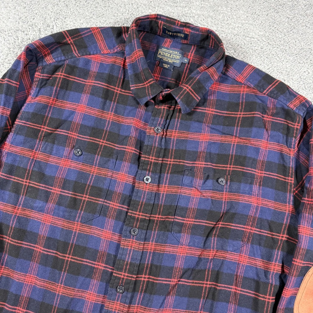 Pendleton Flannel Shirt Mens XL Blue Red Plaid Hawthorne Elbow Patches Pockets - Picture 2 of 6